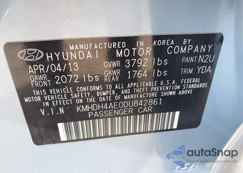 2013 Hyundai Elantra Gls из США, поврежденный, VIN KMHDH4AE0DU842861